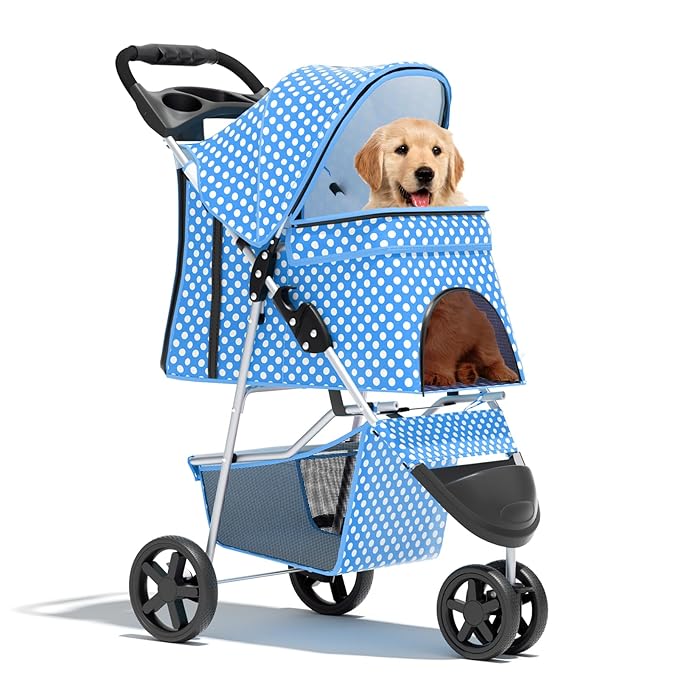 Pet Stroller for Small Dogs 10 lbs, Dog Stroller for Medium Dogs 30 lbs, Cat Strollers for 2 Cats, 3 Wheels Foldable Jogger Puppy Stroller with Storage Basket and Cup Holder, Blue Polka Dots