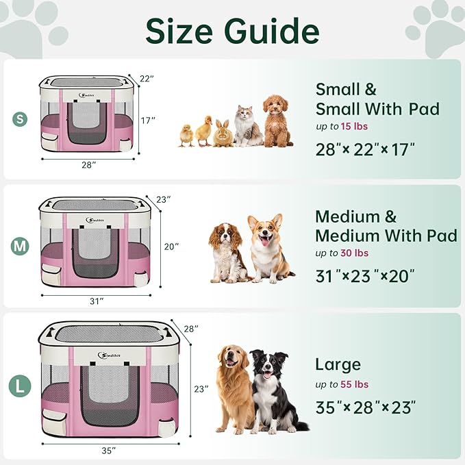 Dog Playpen,Cat Pet Puppy Pen,Portable Playpens for Dogs Indoor Outdoor Travel Camping Use,Foldable Dog Kennel Tent Crate for Rabbit Small Animals with Carrying Case (Pink with Pad, Medium)