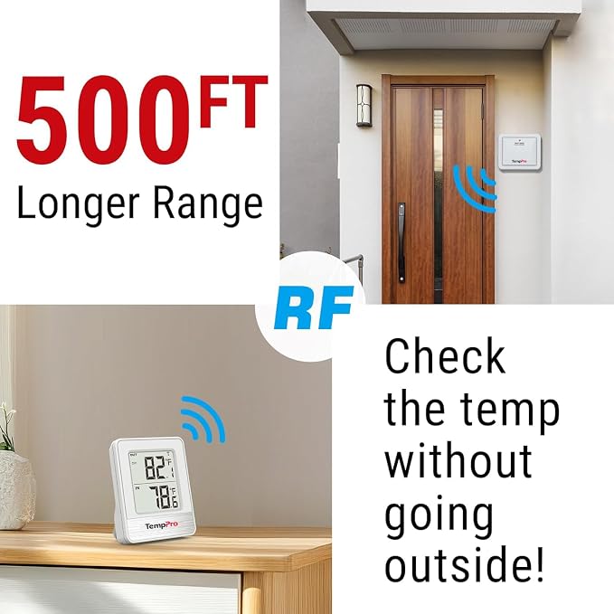 TempPro TempAir 500FT Indoor Outdoor Thermometer Wireless | Outdoor Thermometers for Patio with Temperature Sensor, Room Thermometer for House Home Reptile Baby Room Temperature Monitor