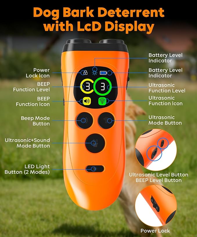 Dog Bark Deterrent Device,3X Ultrasonic Anti Barking with Color LCD Screen,7 Training Modes 35 FT Range Correct Bad Behavior Indoors Outdoors,Safe & Humane Rechargeable Bark Control for Dogs