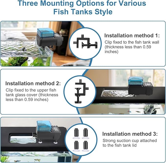 fishkeeper Automatic Fish Feeder Rechargeable, 3 Feeding Modes USB Aquarium Auto Dispenser for Pellets Flakes Powder, with Lithium Battery LCD Screen for Vacation Betta Turtle - Memory Function