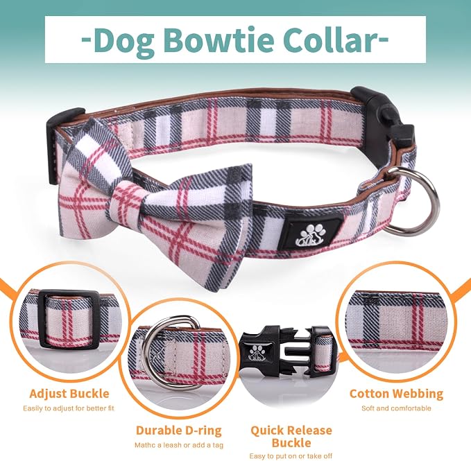 IVY&LANE Dog Collar with Bowtie and Leash Set | Plaid Adjustable Dog Collar | Detachable Bow Tie |5 FT Dog Leash | for Small Medium Large Dogs | Checkered Beige | Small