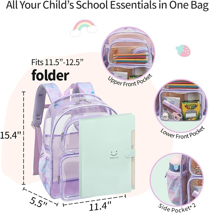 Clear Backpack for Girls, 15 Inch Heavy Duty Transparent Bookbag for Kindergarten to 2nd Grade, PVC See Through Daypack with Reflective Straps, Fits Standard Folders, Purple Tie-dye