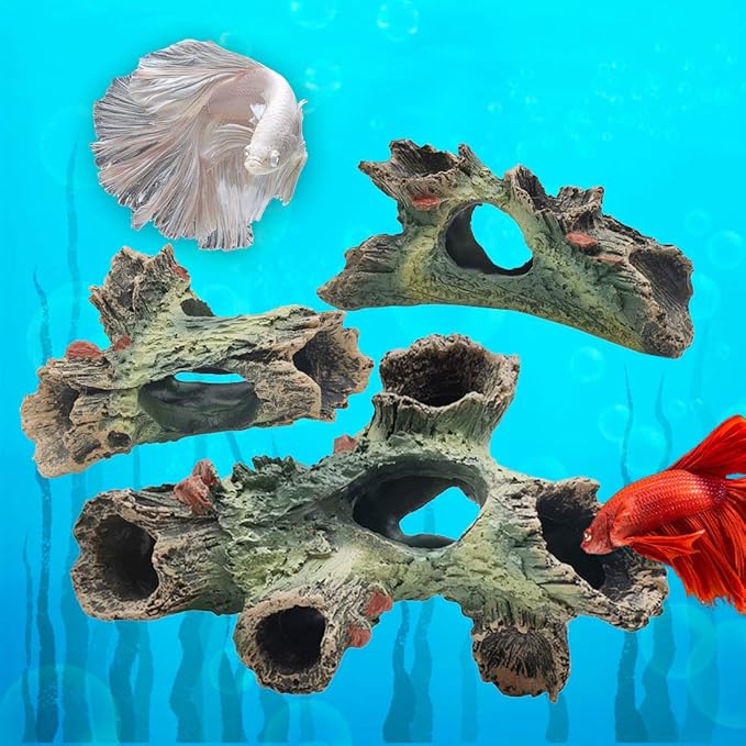 TIHOOD 3PCS Decaying Trunk Aquarium, Betta Fish Ornament, Freshwater Decoration - Resin Log With Holes and Caves for Fish Tank