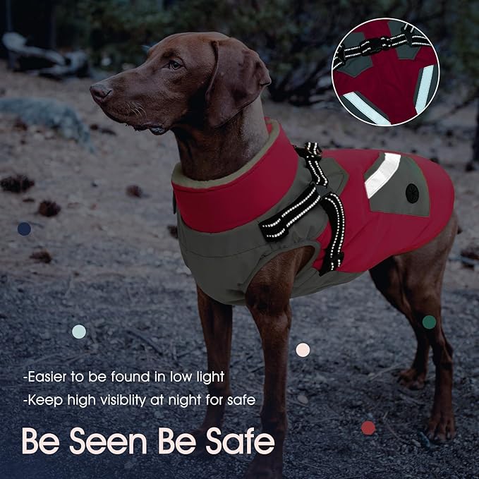 IECOii Large Dog Coat with Harness Built in,Reflective Waterproof Dog Coat for Giant Breeds - Zip Up Fleece Jacket for Dogs,Great Dane Winter Coats Warm Snowsuit for Cold Weather, Rosered, 4XL