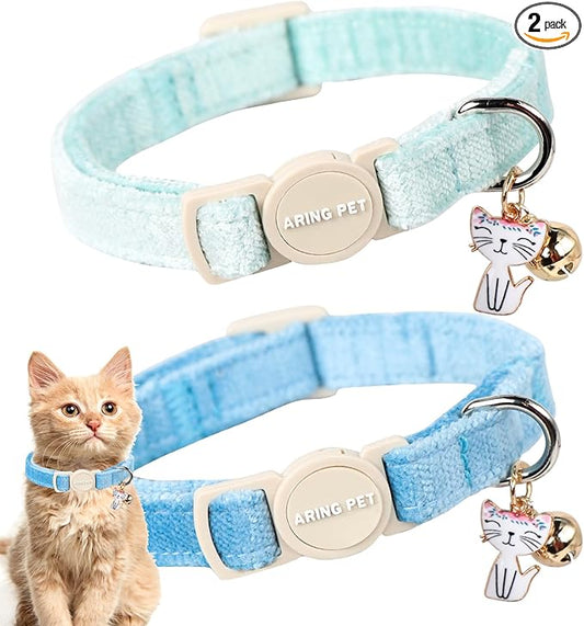 ARING PET 2 Pack Cat Collar-Cute Cotton Cat Collar with Bell & Pendant, Adjustable Blue Green Kitten Collars with Safety Buckle for Girl and Boy Pets