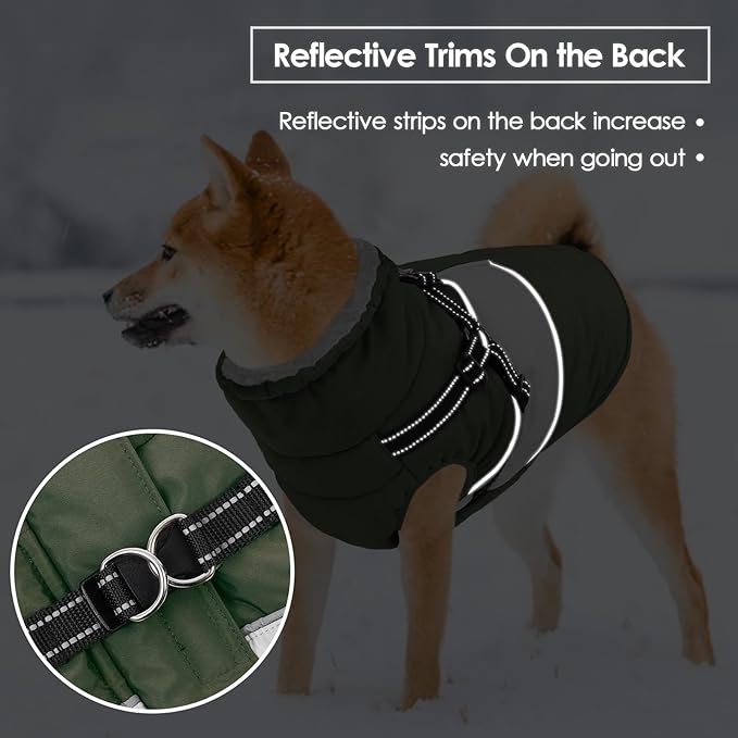 Dog Jacket, Large Dog Coat with Harness Built in, Warm Pet Winter Jacket Zippered Snow Coat with Furry Collar, Waterproof Fleece Snowsuit for French Bulldog, Army Green L