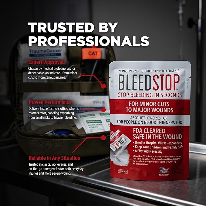 BleedStop First Aid Bleeding Control Powder – Rapid Blood Clotting for Serious Wounds & Nosebleeds, 150 g – Safe for Blood Thinner Patients