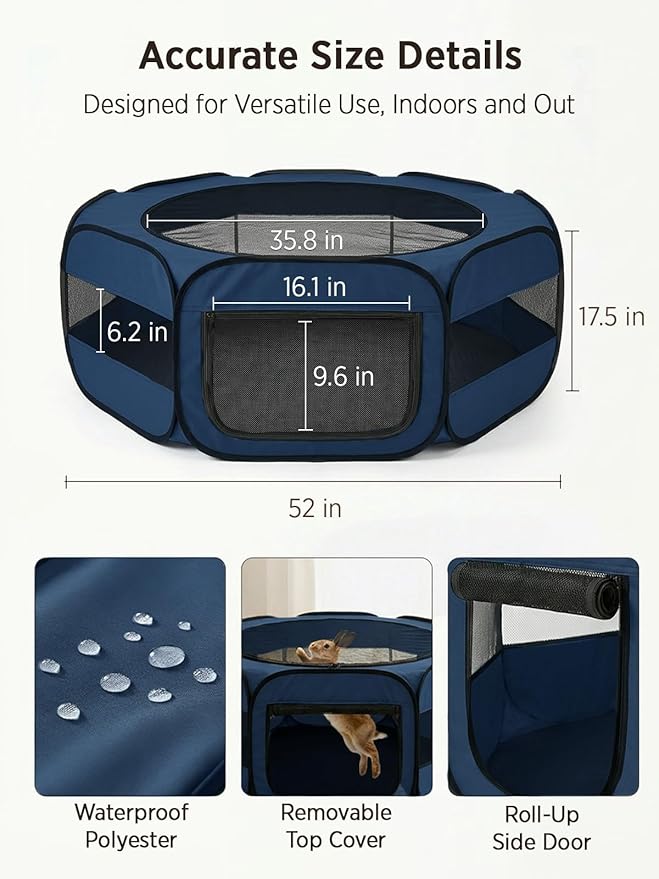 UWE Extra Large Small Animal Playpen, XL Portable Pet Playpen for Rabbit, Kitten, Guinea Pig, Hamster, Puppy – Waterproof Foldable Mesh Tent with Zipper Cover, Indoor Outdoor Use, Blue