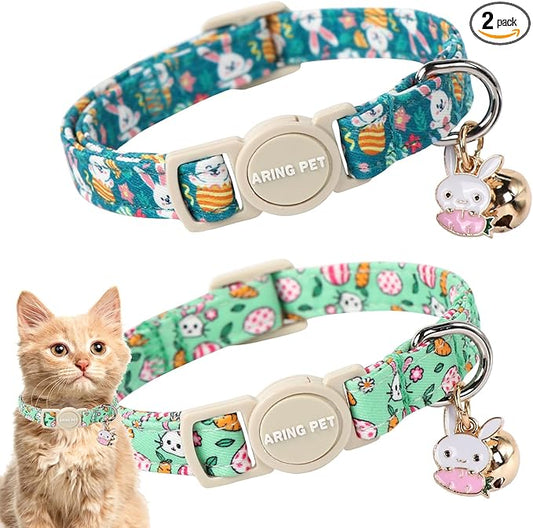 ARING PET 2 Pack Easter Cat Collars-Cute Bunny Cat Collar Breakaway with Bell&Pendant, Adjustable Green Rabbit Kitten Collars with Safety Buckle for Girl&Boy Cats