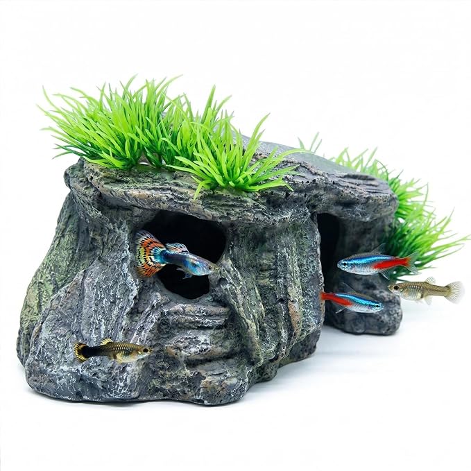 Aquarium Cave & Betta Hideout - Natural Resin Fish Tank Decorations, Small Fish Tank Decor, Hand-Polished Smooth Edges, PH Neutral Stone Decor for Shrimp, Cichlid, and Reptiles (Small)