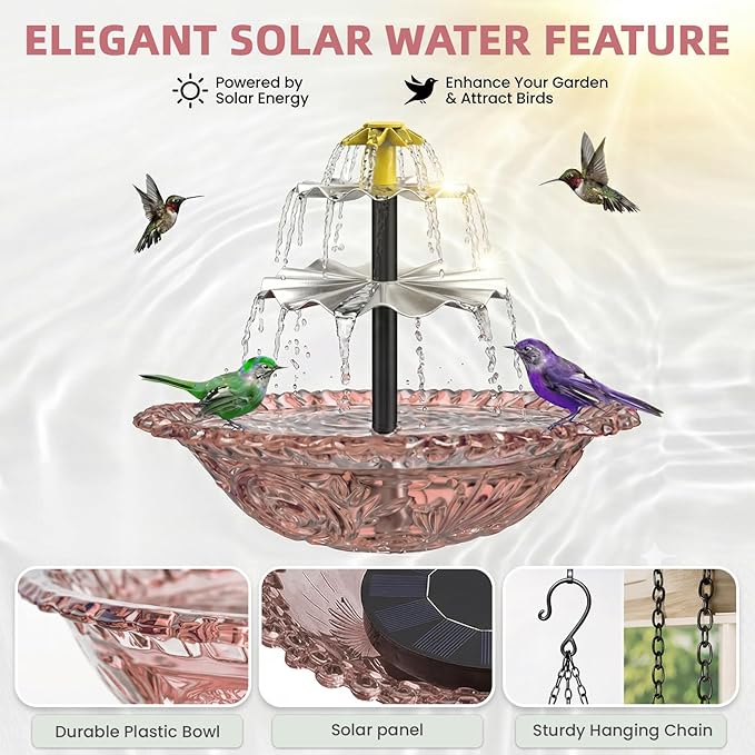 Solar Fountain for Bird Bath, Hanging Cascade Water Feature for Outdoor Garden & Yard Decor, Creates a Relaxing Flow that Attracts Birds (Pink(XL))