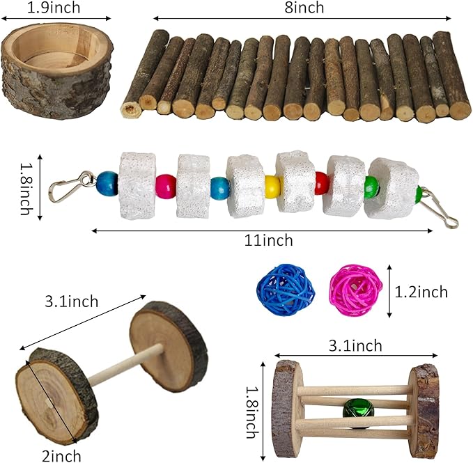 Hamiledyi Dwarf Hamster Activity Playground Mice Living Gym System Set Natural Wood Gerbil Climbing Platform Syrian Exercise Cage Accessories with Lava Stone String Chewing Toy Ladder Bridge Ramp