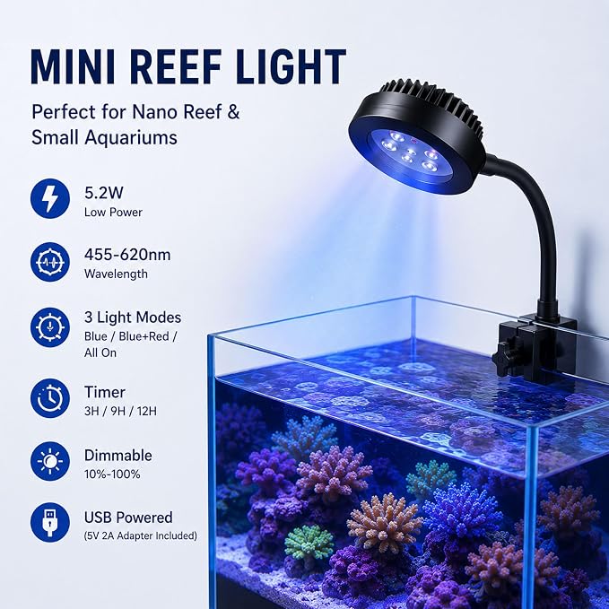 Nano Reef Light for Coral, LED Aquarium Light 5.2W USB Clip Lamp, Full Spectrum 455-620nm, Dimmable with Timer 3/9/12H, 360° Gooseneck Fish Tank Light for Saltwater Coral Tank with USB Power Adapter