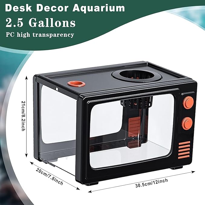 2.5 Gallon Fish Tank Kit with LED Lights, Filter & Plant Planter - Retro TV Decorative Fish Tank for Office Desk Home Decor,Mini Aquarium Starter Kit for Betta Fish (Black - 2.5 Gallon)