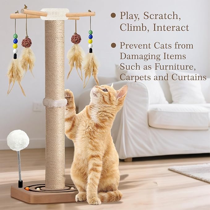 PAROTO Tall Cat Scratching Post, 33 Inch Sisal Cat Tree Tower Scratcher for Large Adult Indoor Cats, 2 Mounting Methods, Hanging Toys and Double Ball Track Activity Center
