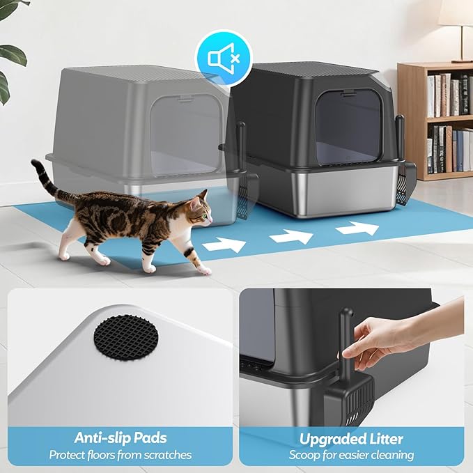 WoofiGo Enclosed Stainless Steel Cat Litter Box with Lid, XL Extra Large Litter Box for Big Cats, Metal Litter Pan High Sided, Never Absorbs Odors, Anti-Urine Leakage, Include Scoop (Dark Grey)