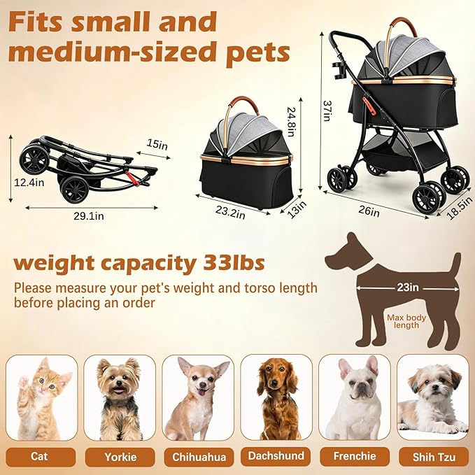 Pet Stroller for Small Medium Dogs & Cats – 3-in-1 Detachable Carrier, Zipperless Entry, Lightweight Folding Travel Stroller with Storage Basket, Cup Holder, Gray