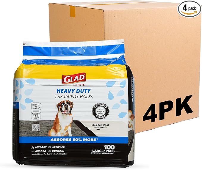 Glad for Pets XL Charcoal Training Pads, Heavy Duty Leak-Resistant Puppy Pee Pads with Activated Carbon Odor Control, Quick-Dry Quilted Top, Indoor Potty & Crate Liner, 24 x 24 in, 100 Count - 4 Pack