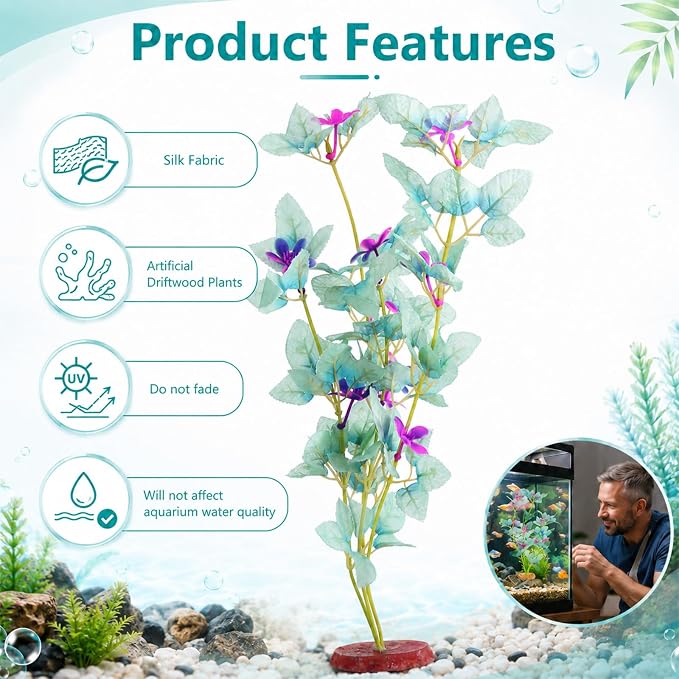2Pcs Silk Fish Tank Plants, Goldfish Fish Bowl Small Tank Plants | 13" Green-Purple Silk Plants for Fish Tank Silk Aquarium Plants for Betta Fish Tank Tall Fish Tank Decorations