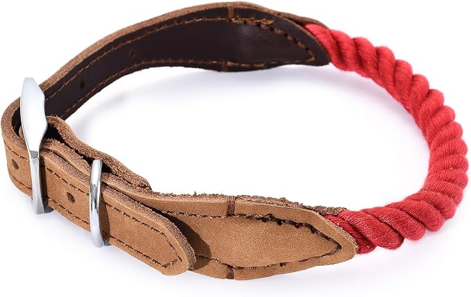 Mile High Life Genuine Leather Dog Collar, Durable Braided Cotton Rope Collar with Metal Pin Buckle for Small Medium Large Dogs (Red, M Neck 15"-18")