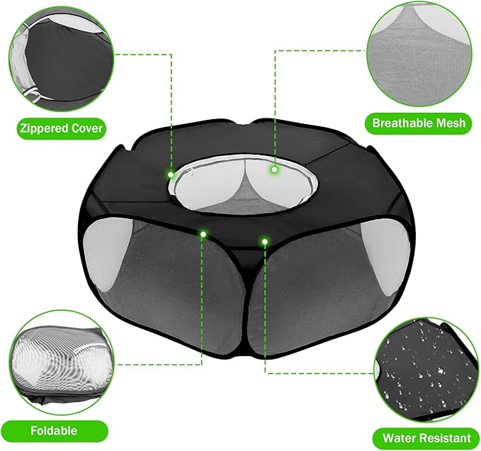 Small Animal Playpens with Top Cover, Foldable Breathable Small Pets Cage Tent Outdoor Indoor Portable Play Pen for Guinea Pig Hedgehog Hamster Cat Rabbit Bunny Puppy Ferret Rat Chicks (Black)