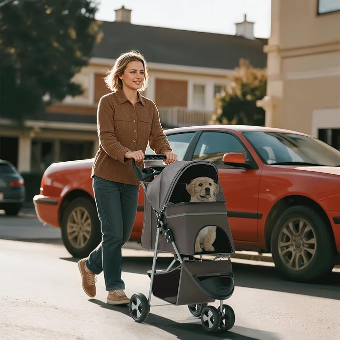 Pet Stroller for Small Dogs 10 lbs, Dog Stroller for Medium Dogs 30 lbs, Cat Strollers for 2 Cats, 3 Wheels Foldable Jogger Puppy Stroller with Storage Basket and Cup Holder, Coffee