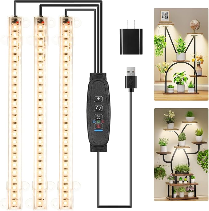 RWNTAO 3 Head 7.8 Inches LED Grow Light Strips, Grow Lamps for Indoor Plants Full Spectrum 3000K, 72 LEDs Plant Light Strips with 3/9/12H Timer, 10 Dimmable Levels for Seedling Succulent