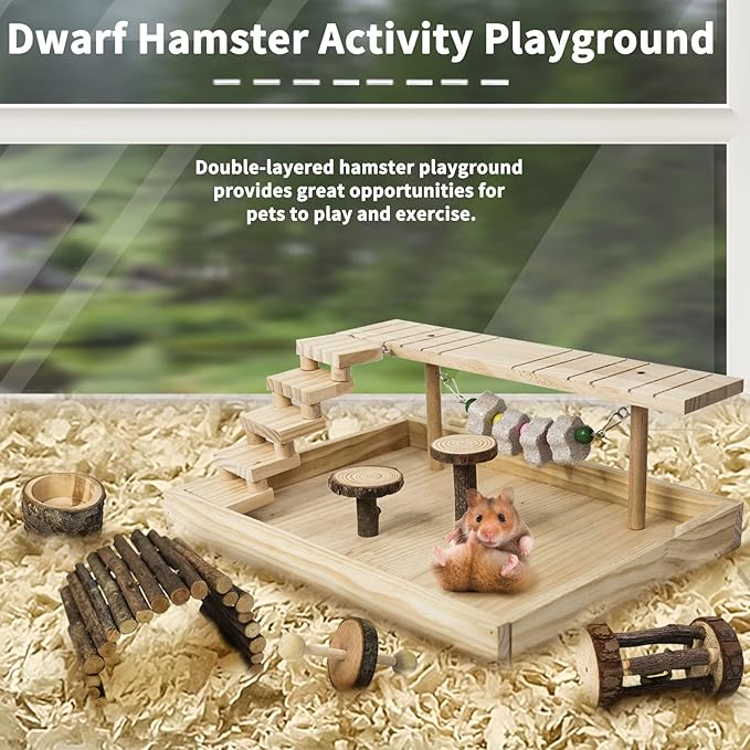 Hamiledyi Dwarf Hamster Activity Playground Natural Wood Gerbil Climbing Platform Mice Living Gym System Set Syrian Exercise Cage Accessories with Lava Stone String Chewing Toy Ladder Bridge Ramp
