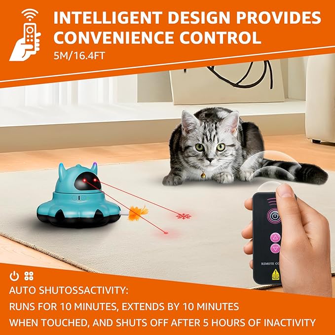 MIKK Cat Laser Feather Toy 2-in-1 Interactive for Indoor Cats Automatic with Remote Control USB-C Rechargeable, No Batteries Needed, Easy Setup, Multi-Cat Use Electronic Kitten Exercise Toy (Blue)