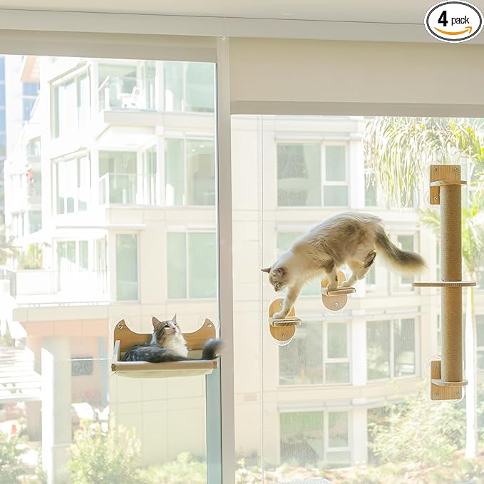 4-in-1 Window & Wall Mount Cat Wall Shelves – Hammock, Scratching Post & Perch | Fits up to 40 lbs | Space-Saving Pet Furniture for Windows, Glass & Drywall | Modern Wood Cat Shelf Set