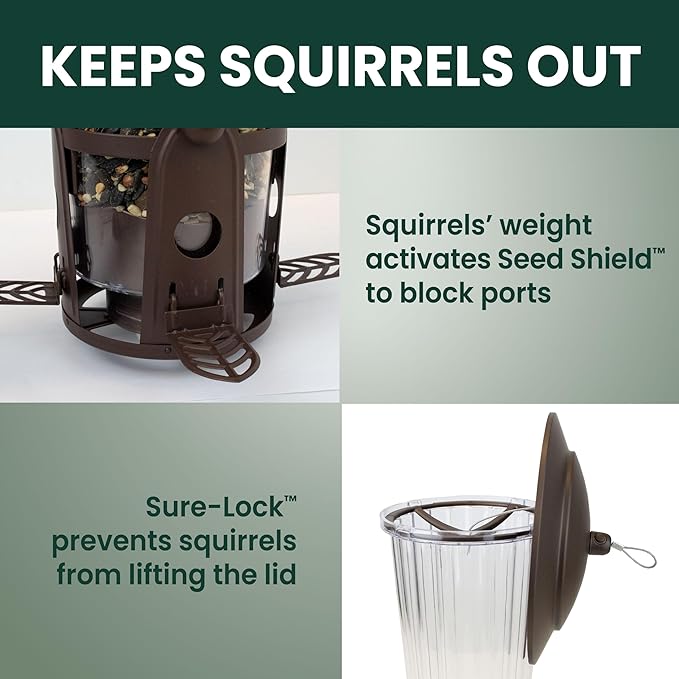 Perky-Pet 334-1SR Squirrel-Be-Gone Max Large Wild Bird Feeder with Flexports, Squirrel Proof Bird Feeder with Weight-Activated Perches - 4LB Seed Capacity