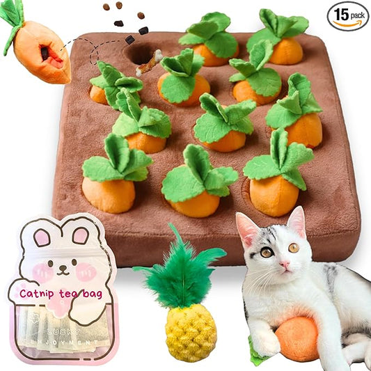 CECE PAW Carrot Catnip Toys, Interactive Feather Cat Toys for Indoor Cats, Cat Puzzle Toys for Boredom and Mental Stimulation, 12 Squeaky Carrots with Treat Pockets and 12 Catnip Tea Bags
