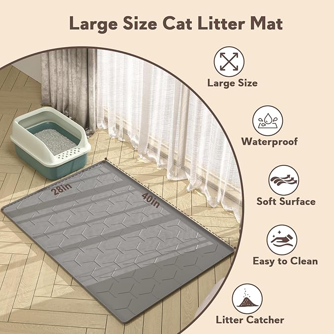 Garoopion Cat Litter Mat, Large 40" X 28" Litter Catcher Rug, Waterproof Silicone Mat for Cats, Dark Gray