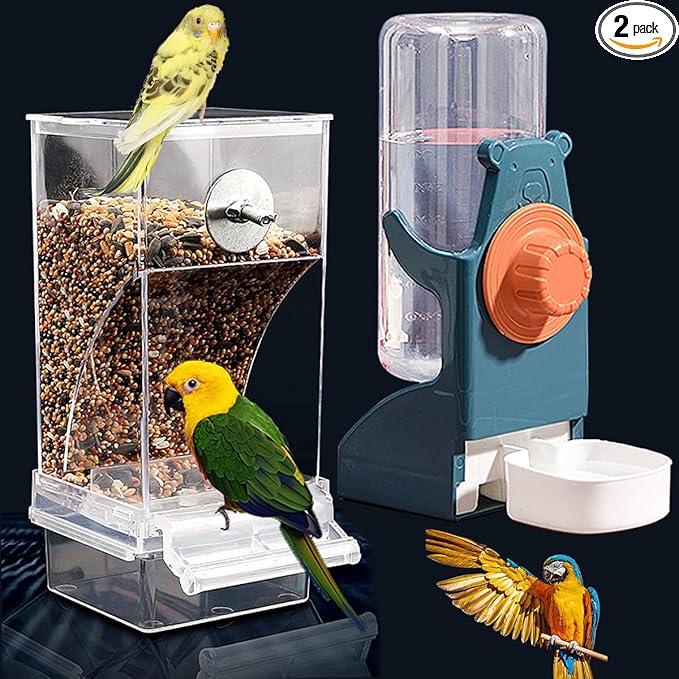 Kenond No Mess Bird Feeder Water Dispenser Set, Automatic Parrot Feeder Cage Accessories, Clear Parakeet Seed Container Food Drinker for Cage, Cockatiel Finch Lovebirds Budgies Canary (Blue)
