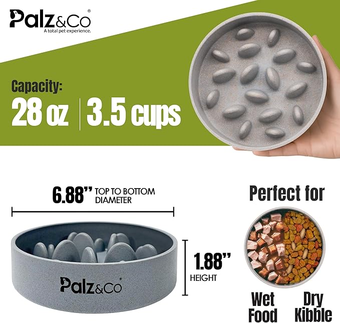 Palz&Co EcoBowl Slow Feeder for Dogs & Cats, 28 oz Gray - Natural Bamboo Puzzle Pet Bowl with Non-Slip Base for Slower Eating & Better Digestion, Dishwasher Safe
