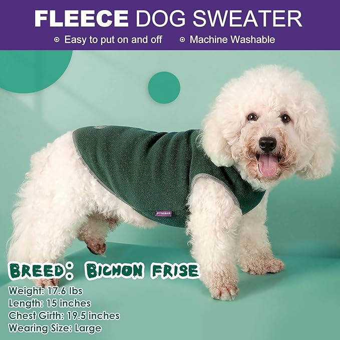 cyeollo 2 Pack Fleece Dog Sweaters for Small Dogs Reflective Doggie Vest Pullover Sweatshirt Stretchy Pet Jacket Small Dog Clothes Boy Coats, Green & Grey L