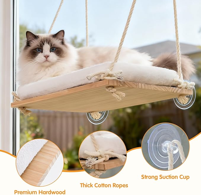 Cat Window Perch, Cat Hammock Bed with Solid Wood Seat 4 Heavy Duty Suction Cups, Plush Cushion, Indoor Pet Window Hammock for Cats for Large Cats