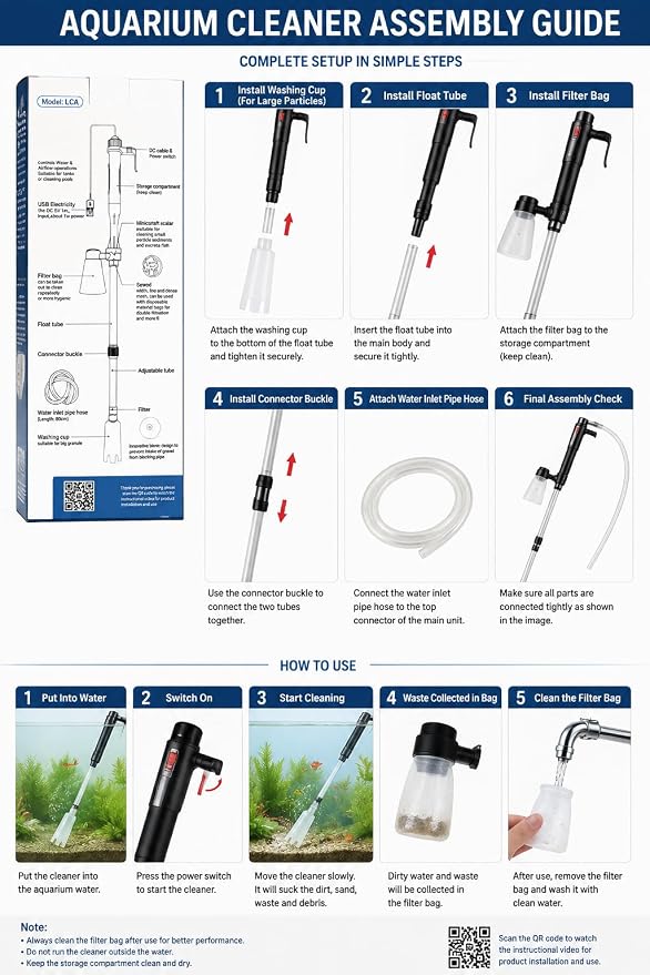 Electric Aquarium Gravel Cleaner, 3-in-1 Fish Tank Vacuum Cleaner with Water Changer Pump, Gravel Vacuum, Sand Washer & Fish Waste Remover
