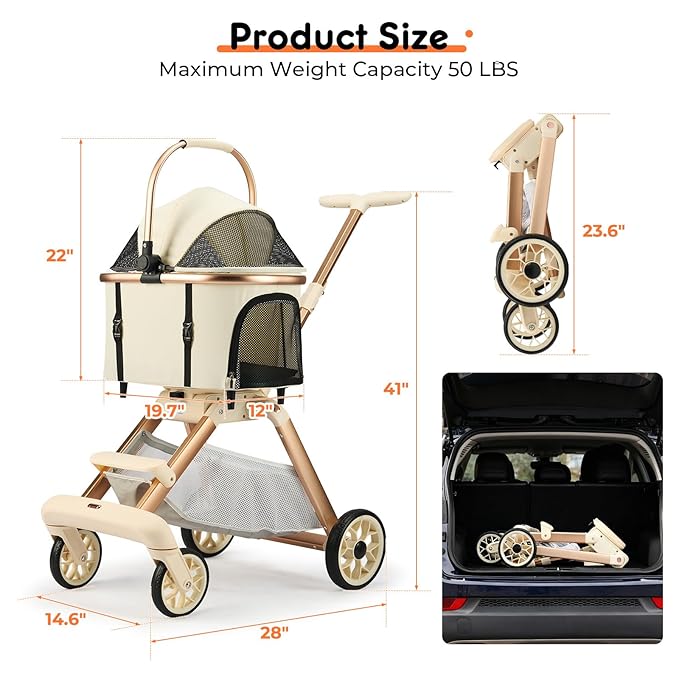 Pet Stroller for Small Dogs - 3 In1 Dog Stroller with Adjustable Handle and Detachable Carrier Car Seat, Foldable Cat Stoller with 5" Lockable All-Terrain Wheels