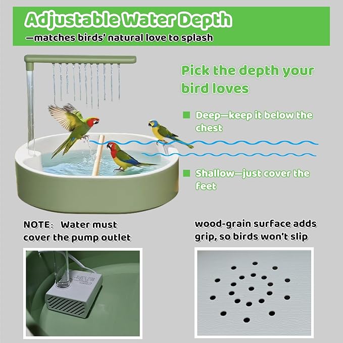 Bird Shower Parakeet Bath for Cage with Adjustable Water Flow Control Valve, Parrot Shower Bath for Budgies with Plug, Automatic Circulating Water Fountain for Pet Bird, Cockatiel, Conure (withe pipe)