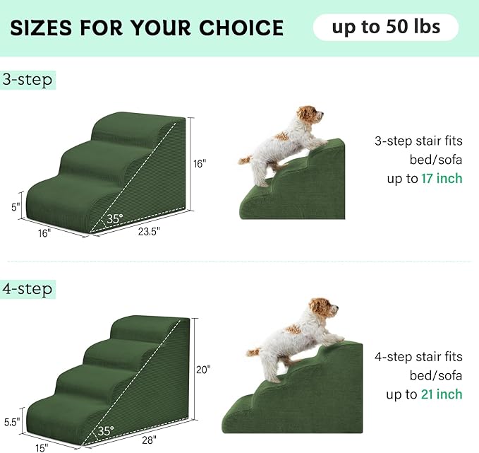 Mesa Lemon Dog Steps for Small Dogs, 3-Step Pet Ramp Stairs for High Beds and Sofa, Non-Slip Pet Stairs for Small Dogs and Cats, Removable and Easy to Clean Cover, Green