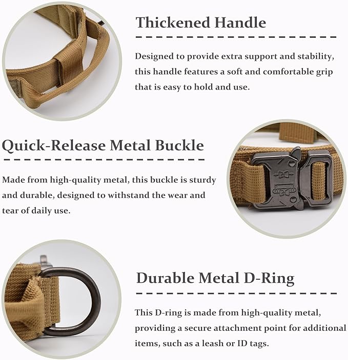 Tactical Dog Collar, Adjustable Military Training Nylon Dog Collar with Control Handle and Heavy Quick-Release Metal Buckle for Small Medium Large Dogs, Brown XXL