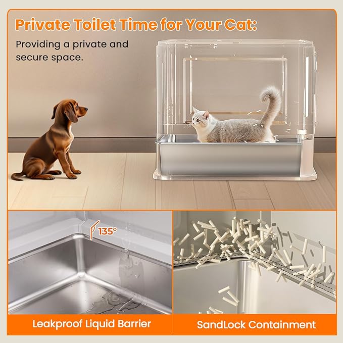 Stainless Steel Litter Box with Lid and Pull-Out Drawers, XL Metal Litter Box Top Entry for Big Cats, Leak-Proof Baffles for Easier Cleaning, with Litter Mat & Scoop