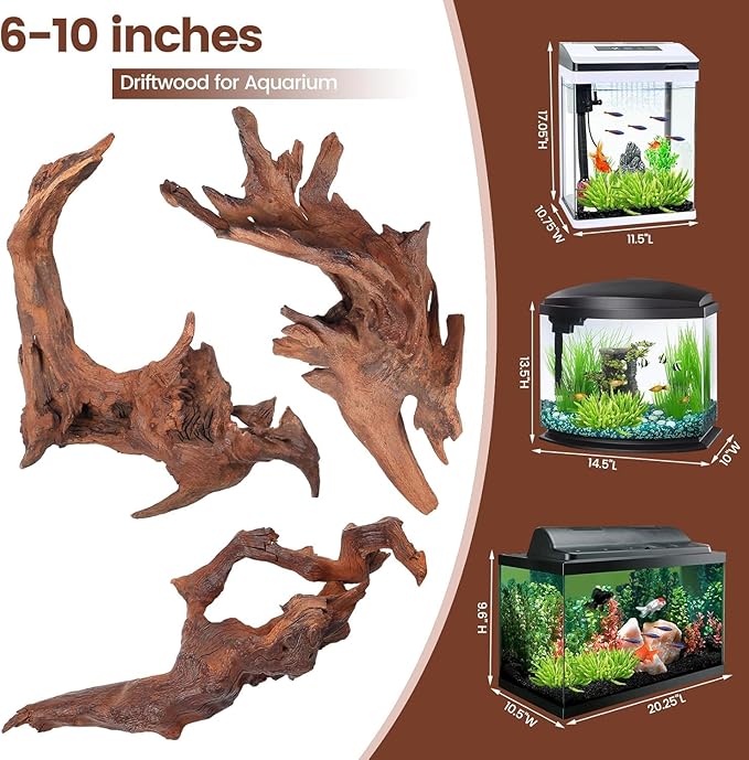 3-Piece 6-10 inch Natural Aquarium Driftwood Decorations - Aquascape Decor for Fish Tanks, Betta Hideouts, Reptile Enclosures & Plant Attachment