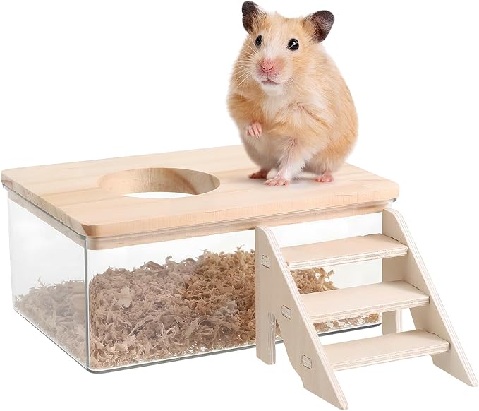 UKCOCO Hamster Bathroom Transparent Sand Bath Container with Ladder Small Pet Bath Box for Hamsters Gerbils Chinchillas 6.10X4.13X2.55In