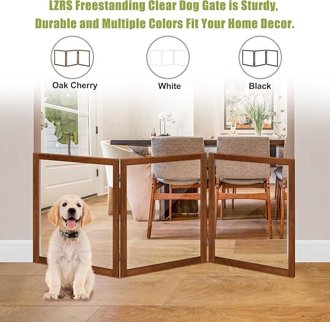 LZRS Clear Dog Gate for Indoor Use - Transparent Pet Fence with Solid Hardwood and Plastic Board, Stylish & Durable freestanding Pet Gate for Doorways, Stairs and Hallways-3 Panel Cherry