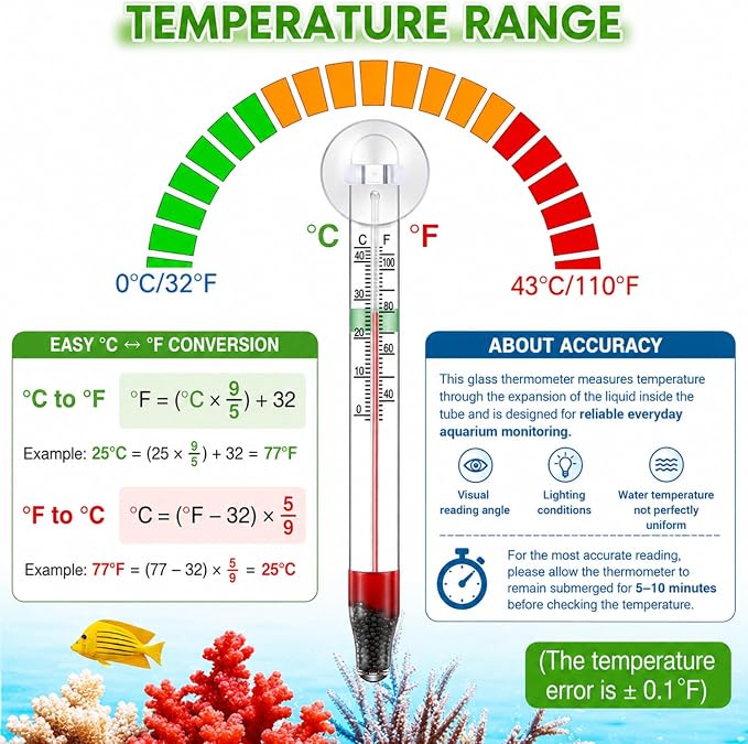 Dreyoo 2 Pack Floating Aquarium Thermometers, 0-43°C/32-110°F | with Suction Cup, Glass Material, Mercury Free Large Standing Thermometer for Freshwater and Saltwater Fish