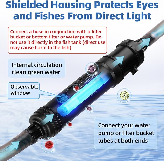 hygger 9W Aquarium U-V Light with Timer, 360° Protective Shield Clean Light for Crystal Clear Green Water, Submersible Fish Tank Cleaner for 60–100 Gallon Freshwater & Saltwater Aquariums
