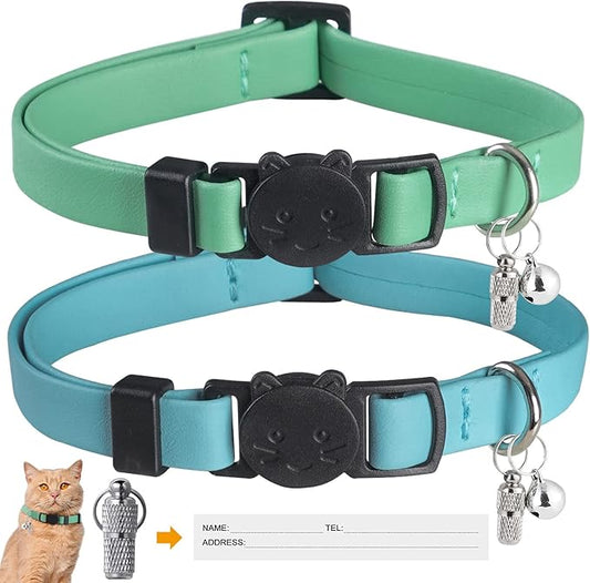WROSWT Upgrade Breakaway Cat Collar with Bells, Soft Leather Kitten Collars with Name Tag,Safety Adjustable Buckle,Lightweight,Ideal for Girl Boy Cats,Puppies,2 Pack (Green+Blue)